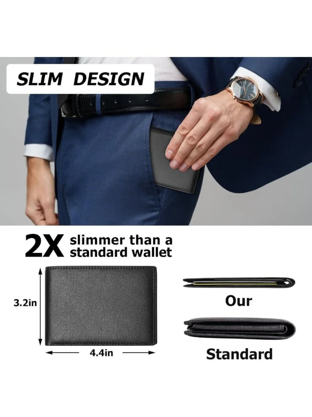 Slim Genuine Leather Wallet for Men, RFID Blocking Bifold, Front Pocket, ID